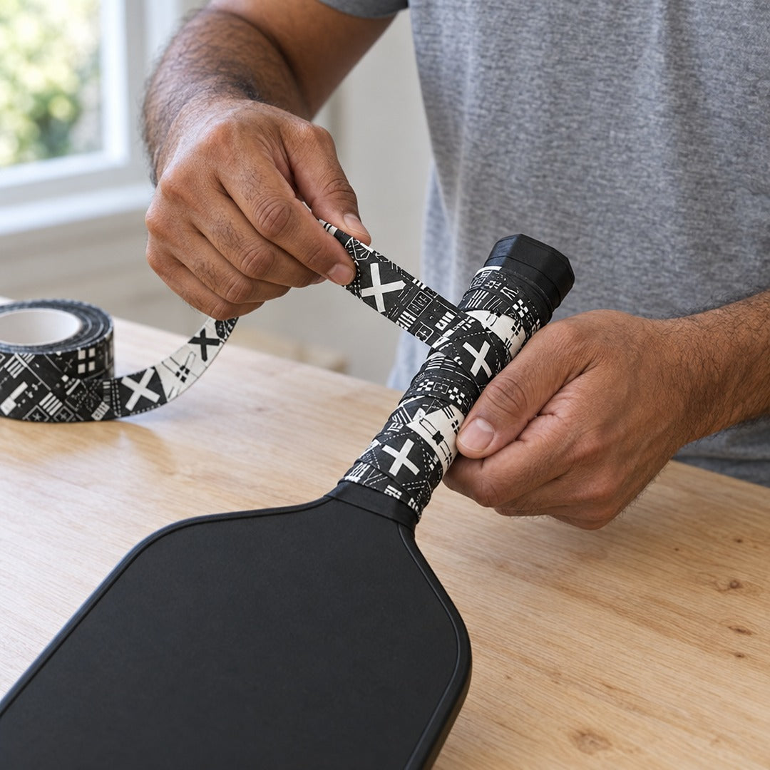 Hands wrapping an overgrip around a pickleball paddle handle