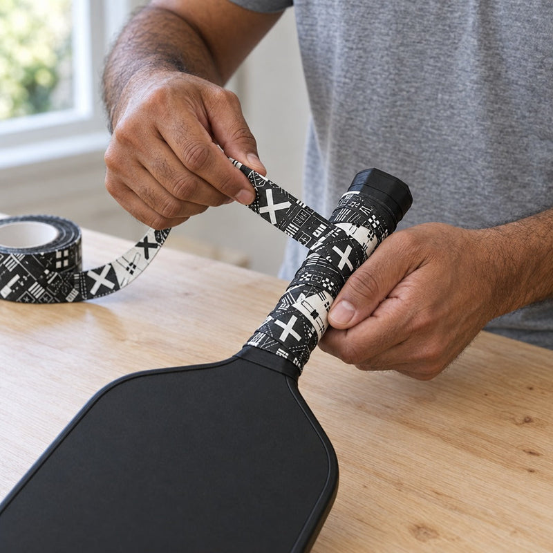 Hands wrapping an overgrip around a pickleball paddle handle