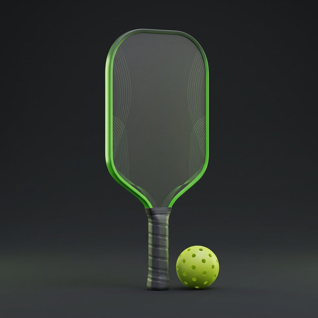 Dinkwell 16 mm honeycomb carbon pickleball paddle, green edge, standing beside a yellow ball