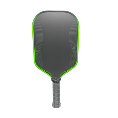 Front view of the Dinkwell 16 mm honeycomb carbon pickleball paddle with green edge and grey grip