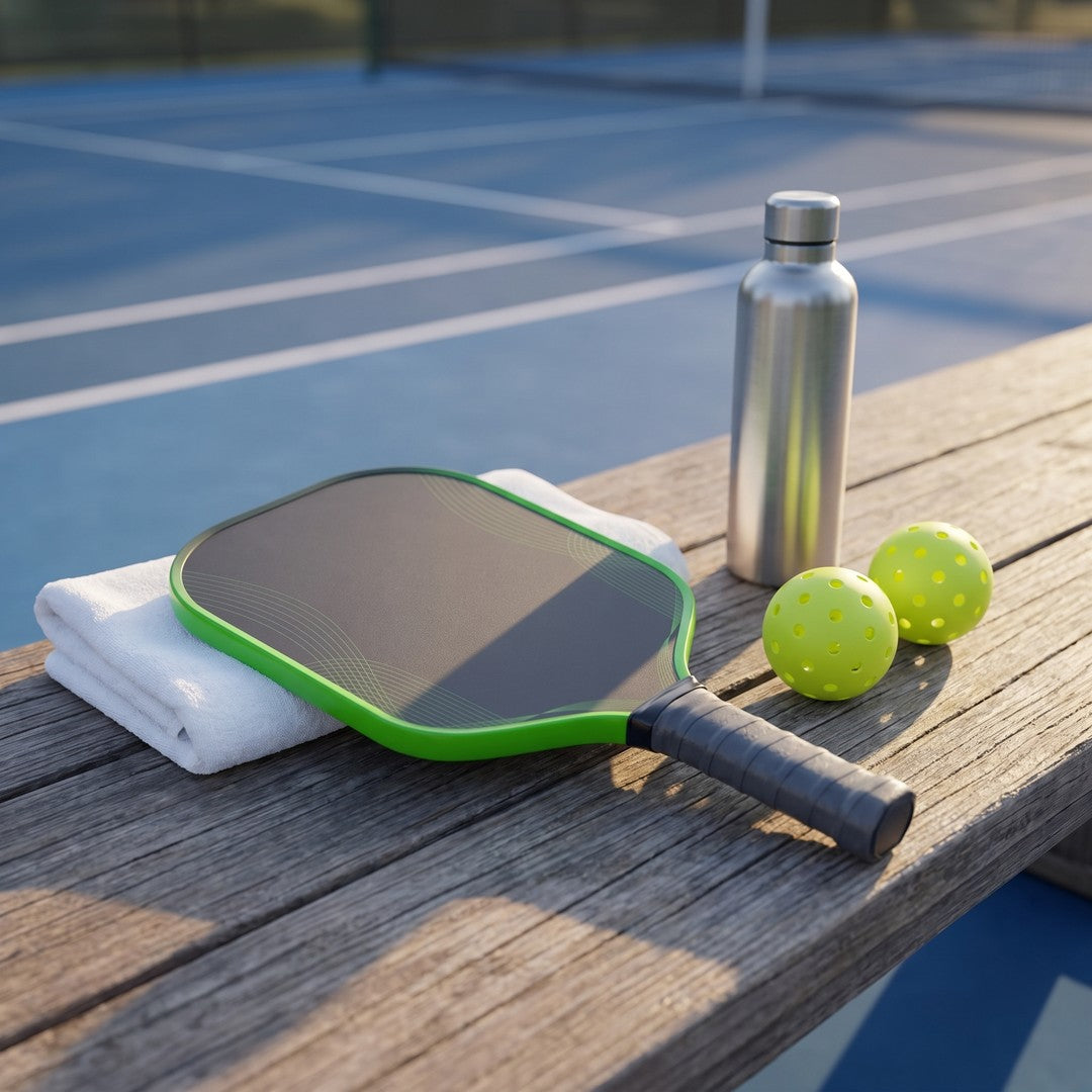 Green-edge Dinkwell 16 mm honeycomb carbon paddle on a wooden bench with a bottle and two balls
