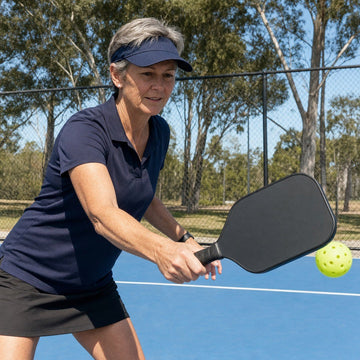 Player hitting a pickleball with the black carbon paddle on an outdoor court